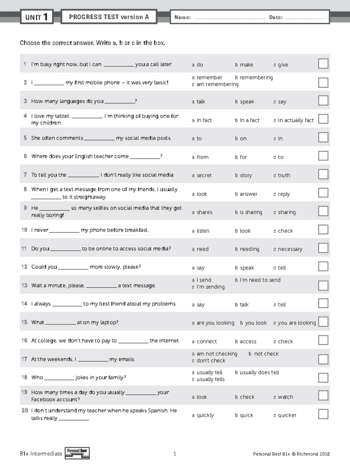 PB Br E B1+ Unit 2 Progress Test Version A - Studocu