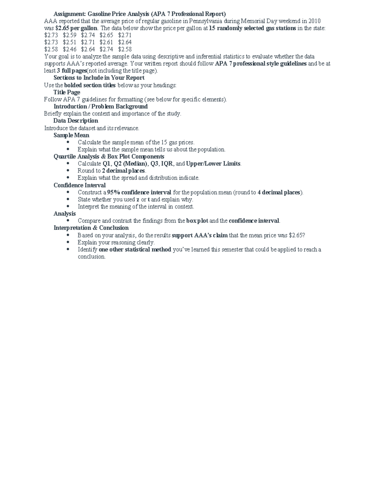 Gasoline Price Analysis Assignment: APA 7 Report on PA Prices - Studocu