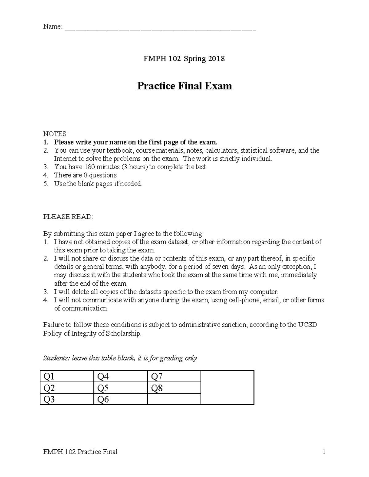 FMPH 102 Spring 2018 Practice Final Exam Study Guide - Studocu