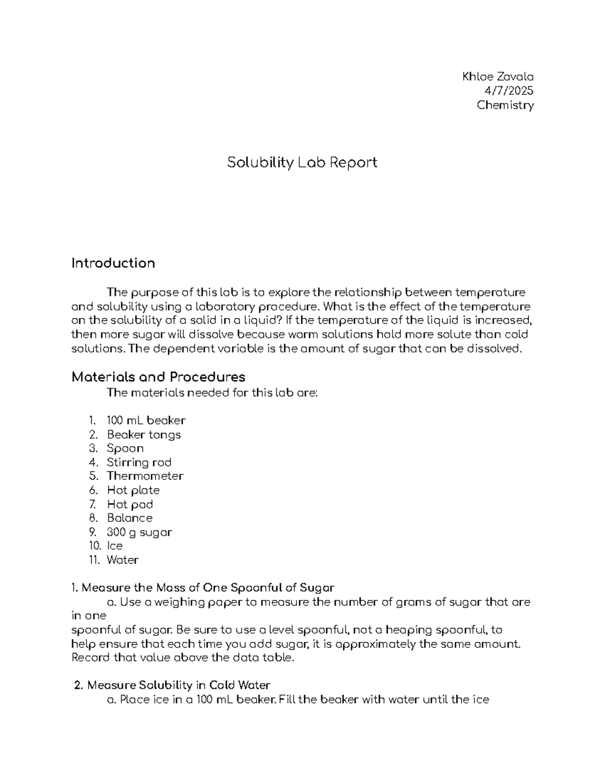 Chemistry 101: Solubility Lab Report by Khloe Zavala - Studocu