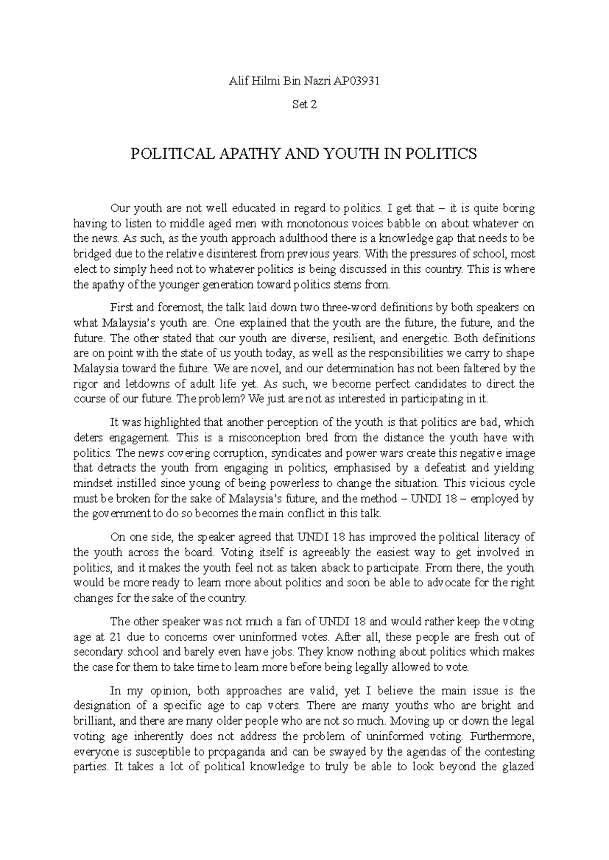 AP03931 Set 2 Reflection on Political Apathy and Youth Engagement - Studocu