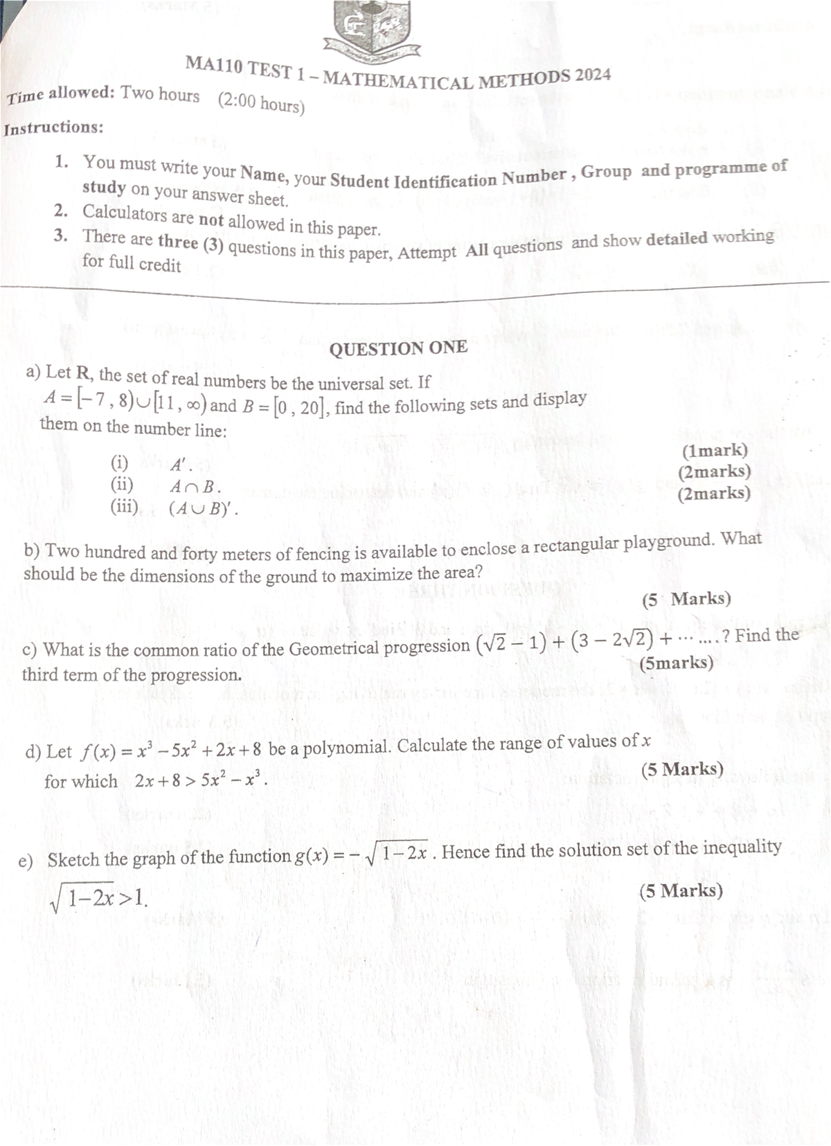 Ma110 Term 1 Test 1 2024 Revision Past Paper For Mathematical Methods