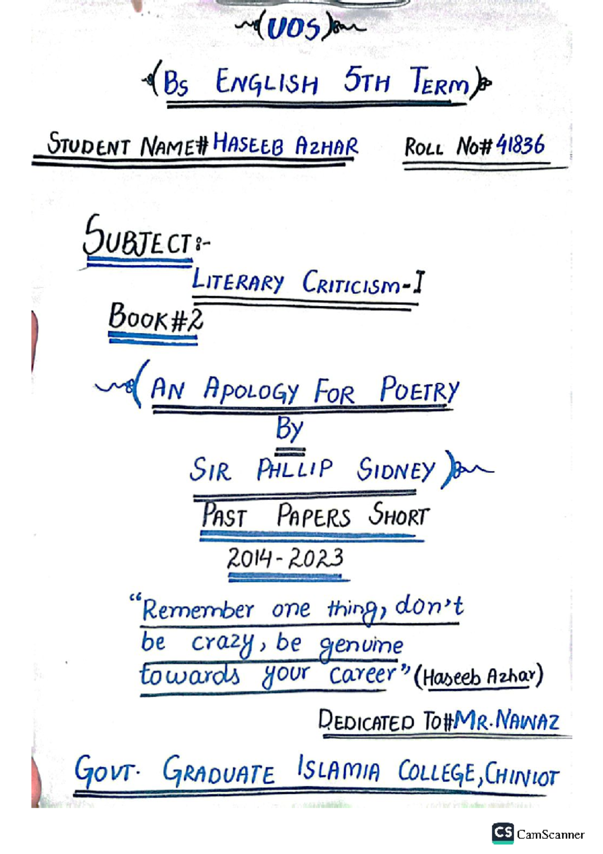 Bs ENGLISH 5TH TERM: An Apology for Poetry - Short Answer Notes by ...