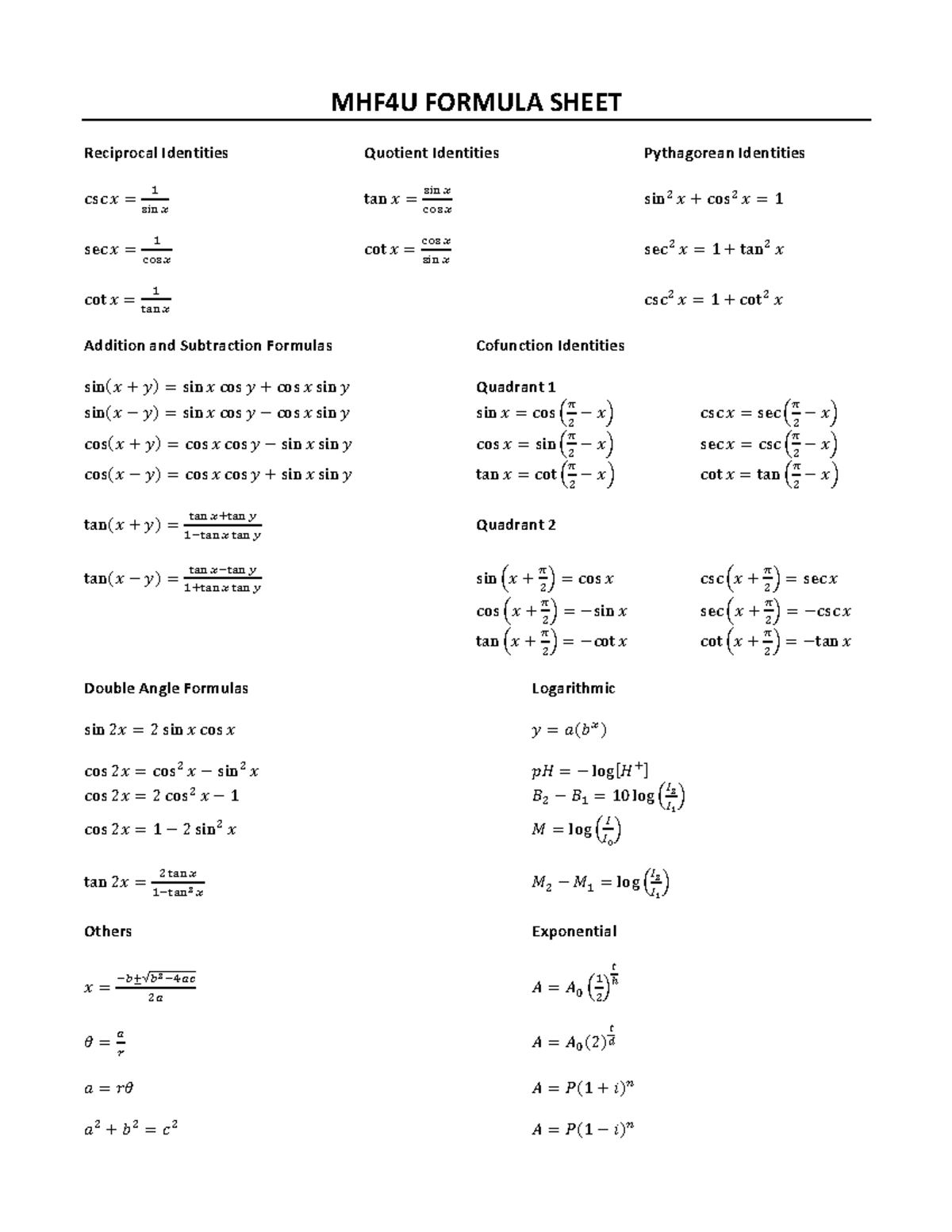 MHF4U Exam Formula Sheet: Key Identities & Formulas - Studocu