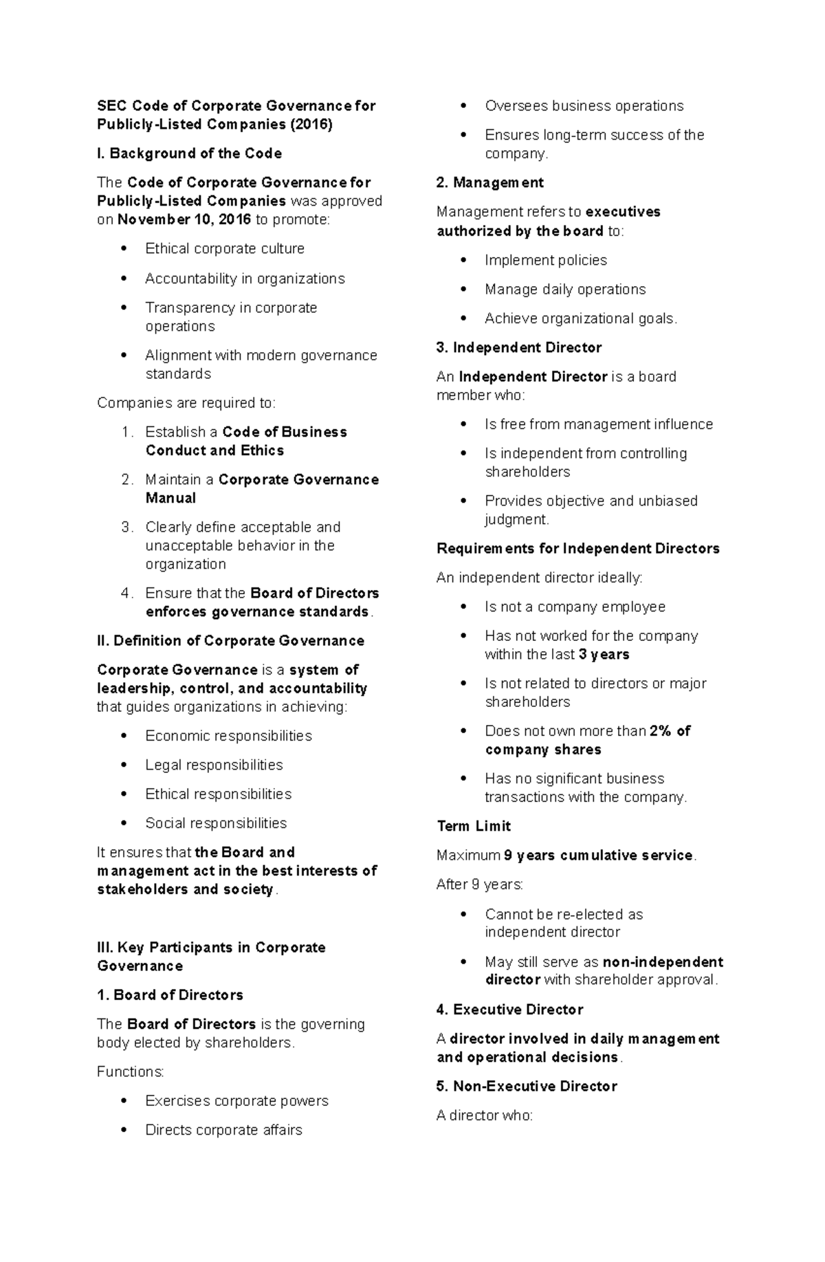SEC Code of Corporate Governance for Companies (2016) Overview - Studocu