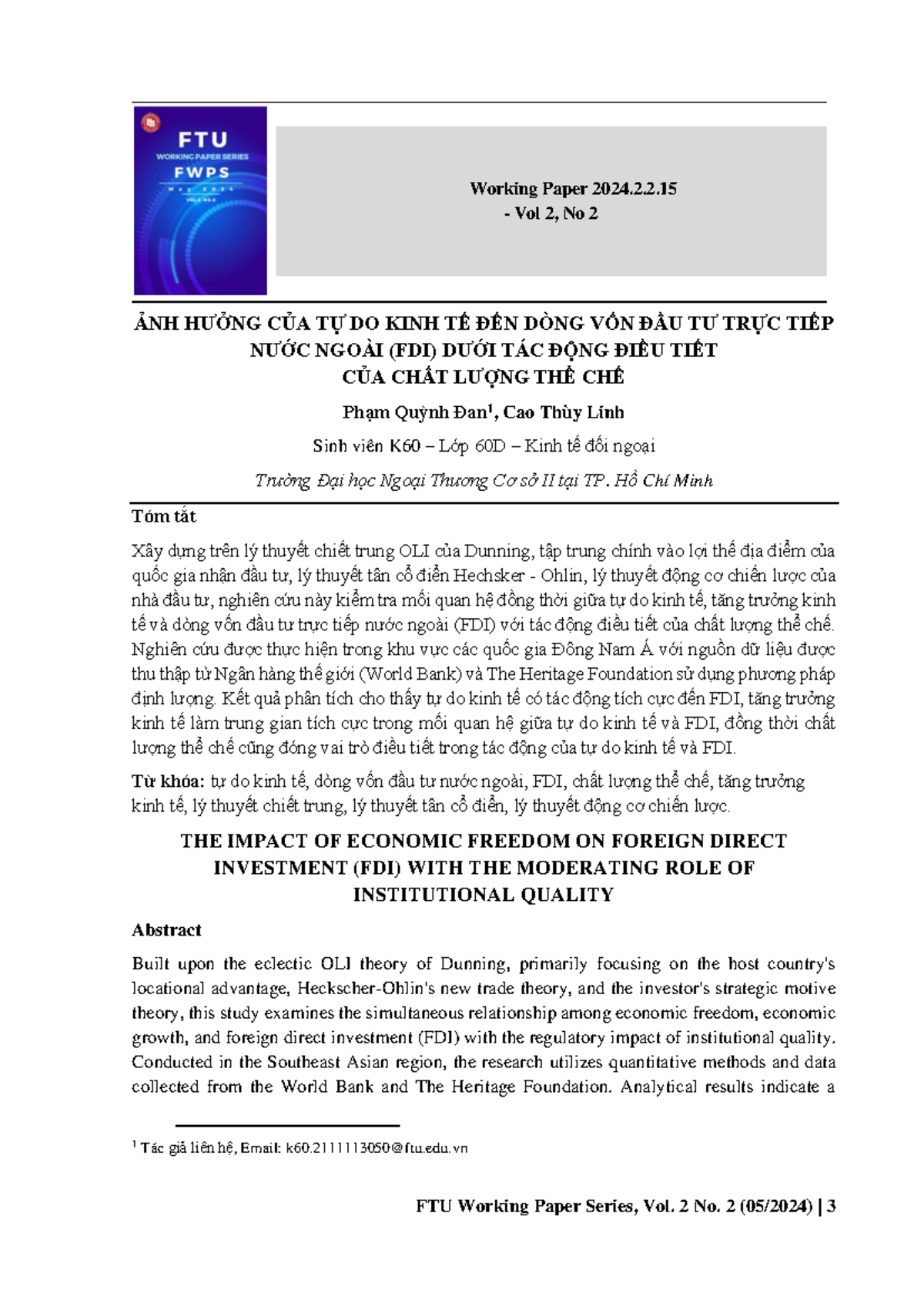 FTU Working Paper Series 2024.2.2.15: Economic Freedom & FDI in ASEAN ...