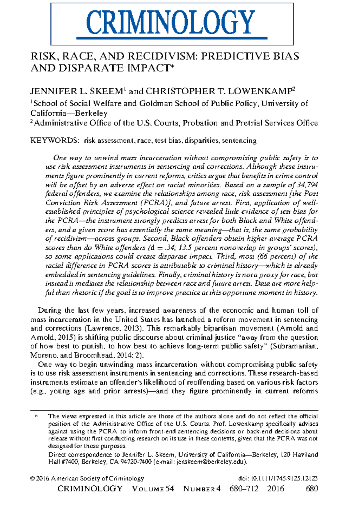 RISK, RACE, AND RECIDIVISM: EXAMINING PREDICTIVE BIAS AND DISPARITIES ...