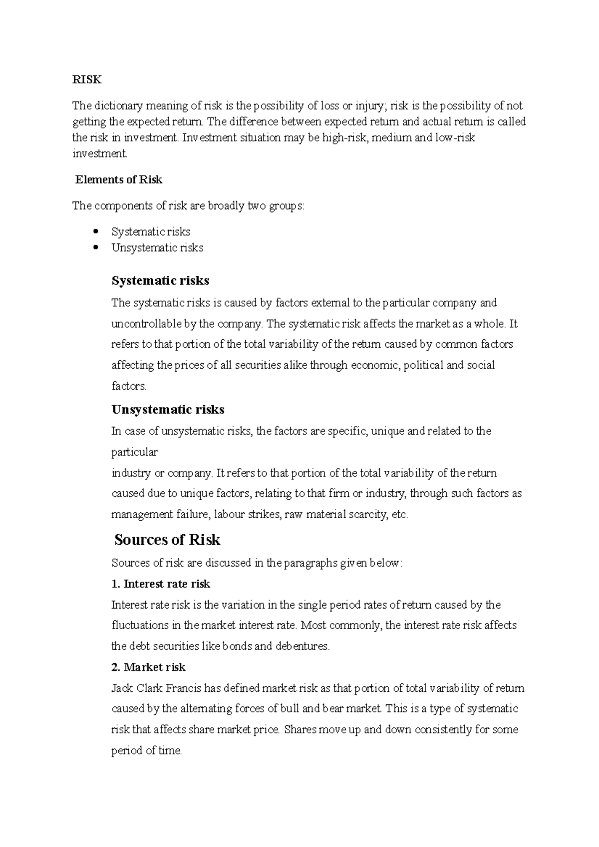 RISK AND SOURCES OF RISK - MCOM CALICUT UNIV. STUDY NOTES - Studocu