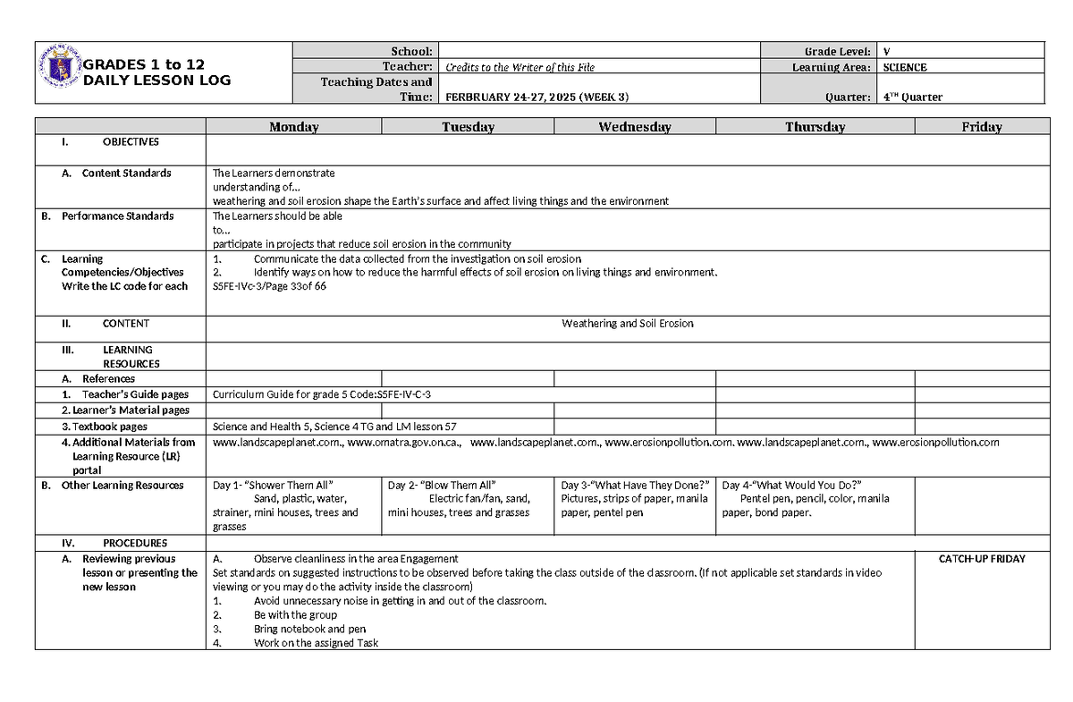 Grade 5 DLL Science 5 Q4 Week 3 - GRADES 1 to 12 DAILY LESSON LOG ...