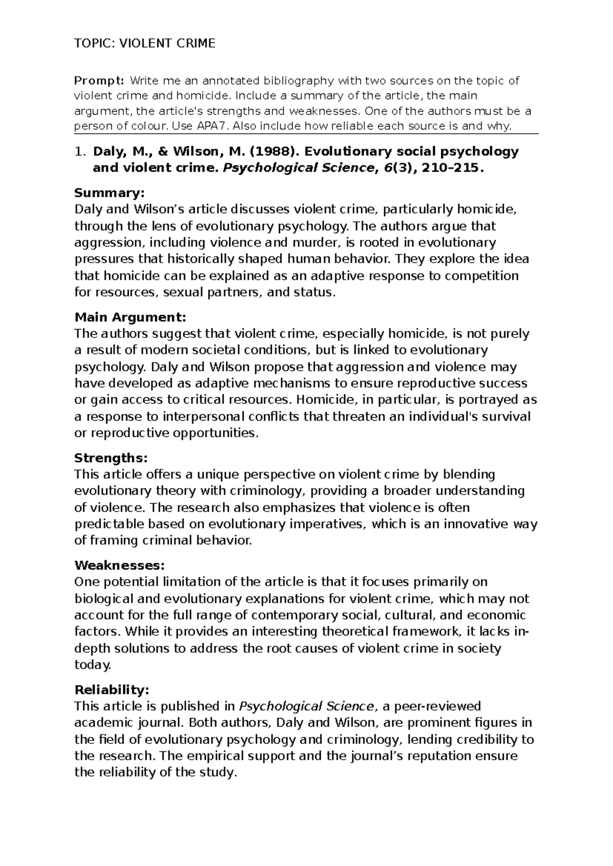 Annotated Bibliography on Violent Crime and Homicide: Key Sources - Studocu