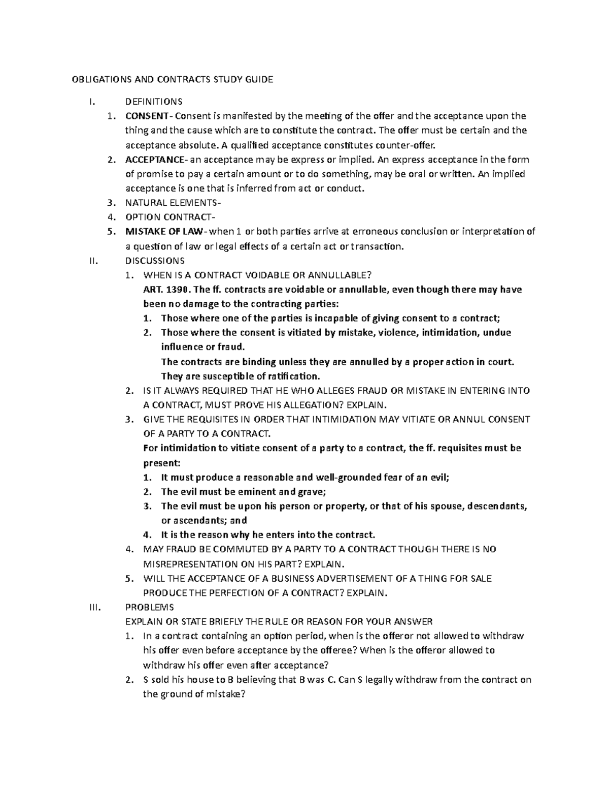 Oblicon Study Guide - Obligations and Contracts Overview - Studocu