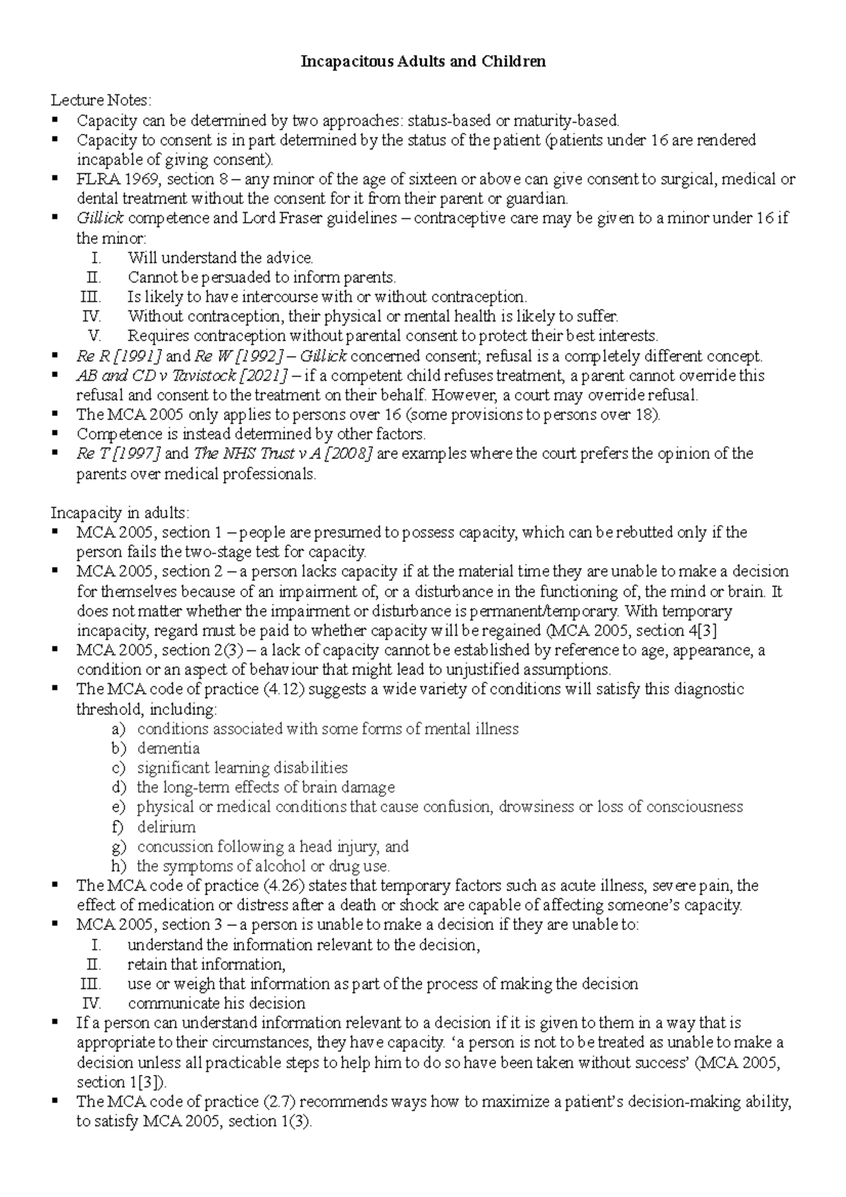 Incapacitous Adults and Children: Key Insights from LC2 Lecture Notes ...