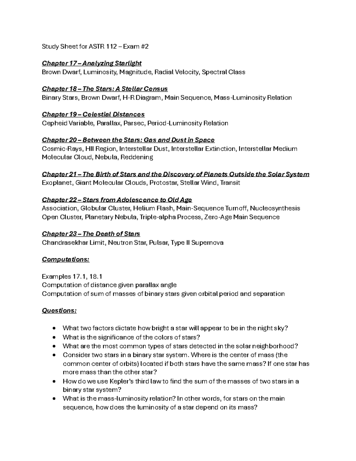 Study Sheet for ASTR 112 – Midterm Exam #2: Key Stellar Concepts - Studocu