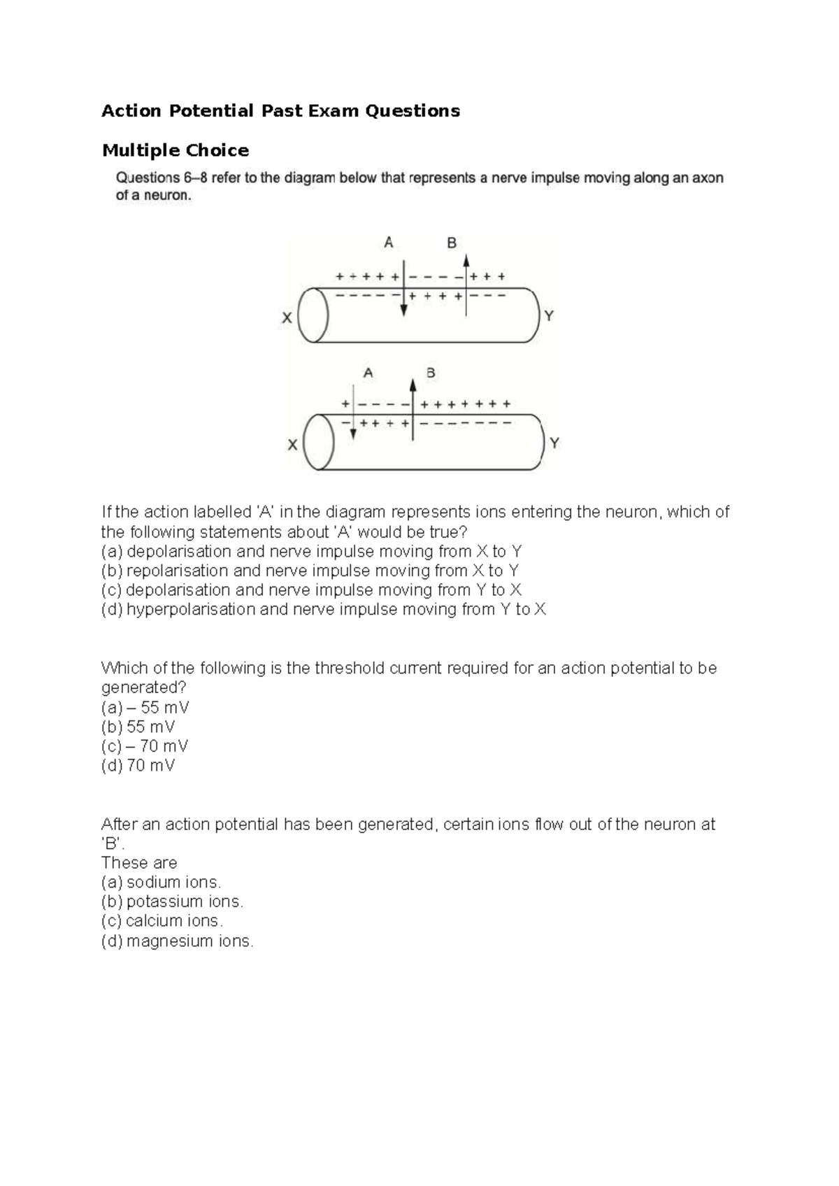 Action Potential Past Exam Questions MCQ & Short Answer 2025 - Studocu
