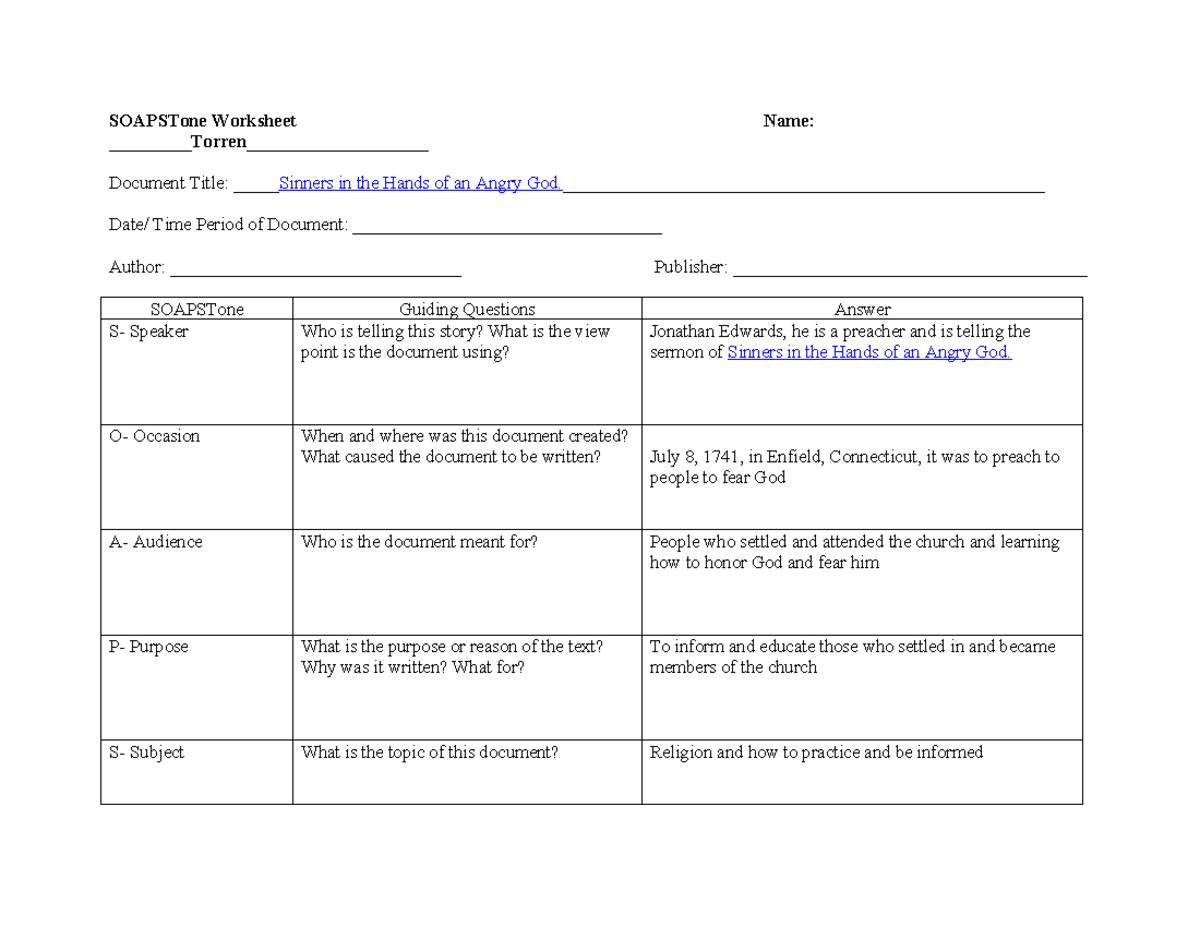 Soapstone Worksheet - SOAPSTone Worksheet Name: Torren ...