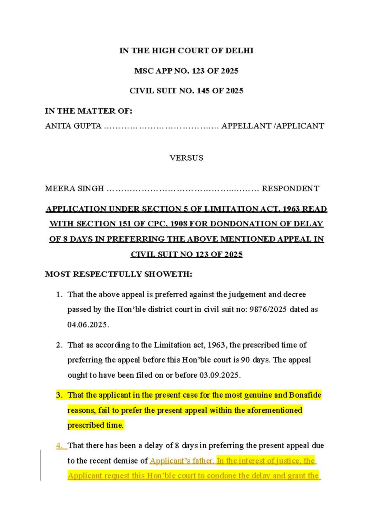 Condonation of Delay Application - MSC APP NO. 123/2025 - Studocu