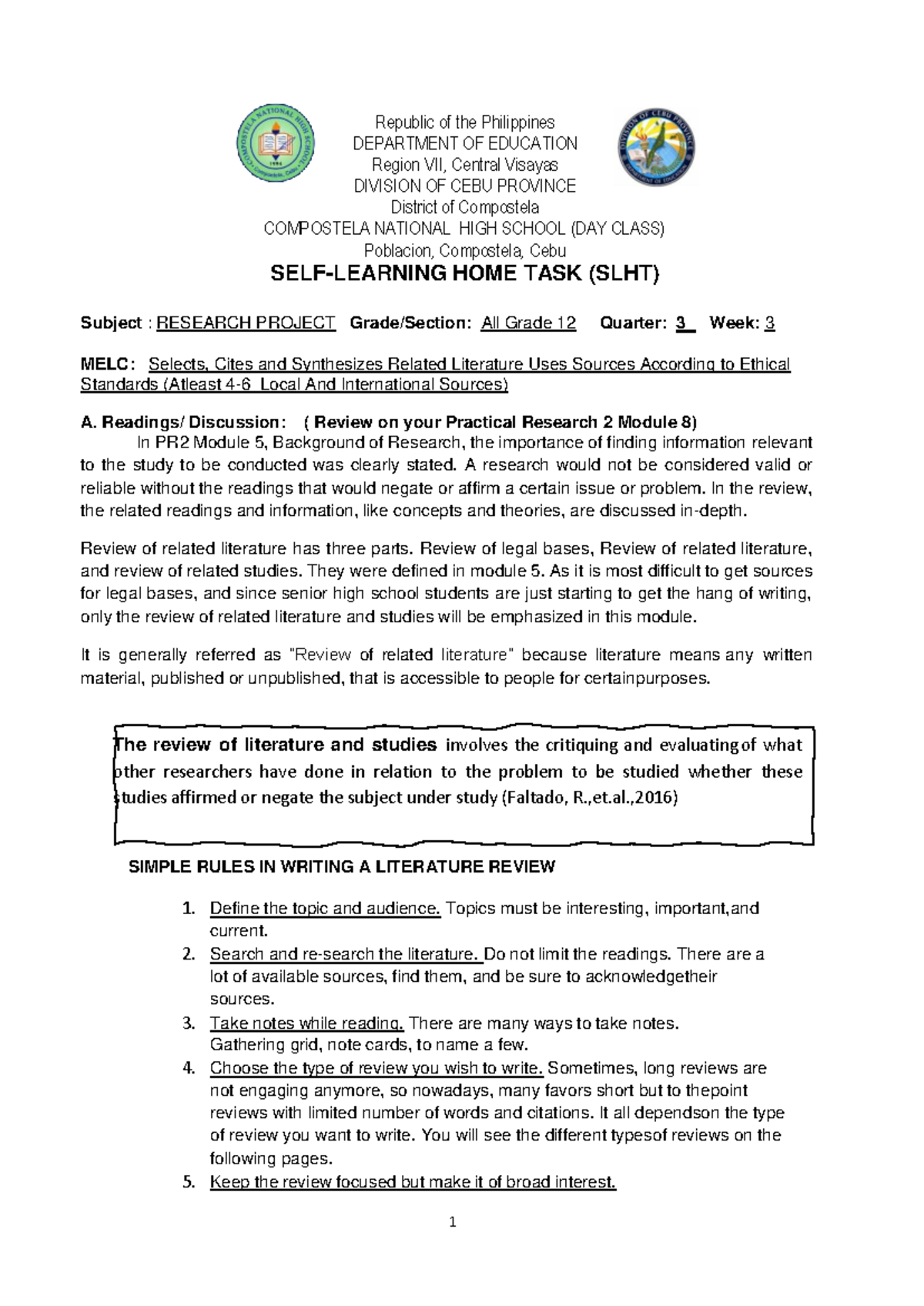 LHT RP 3Q Week3 - Notes and Lecture - The review of literature and ...