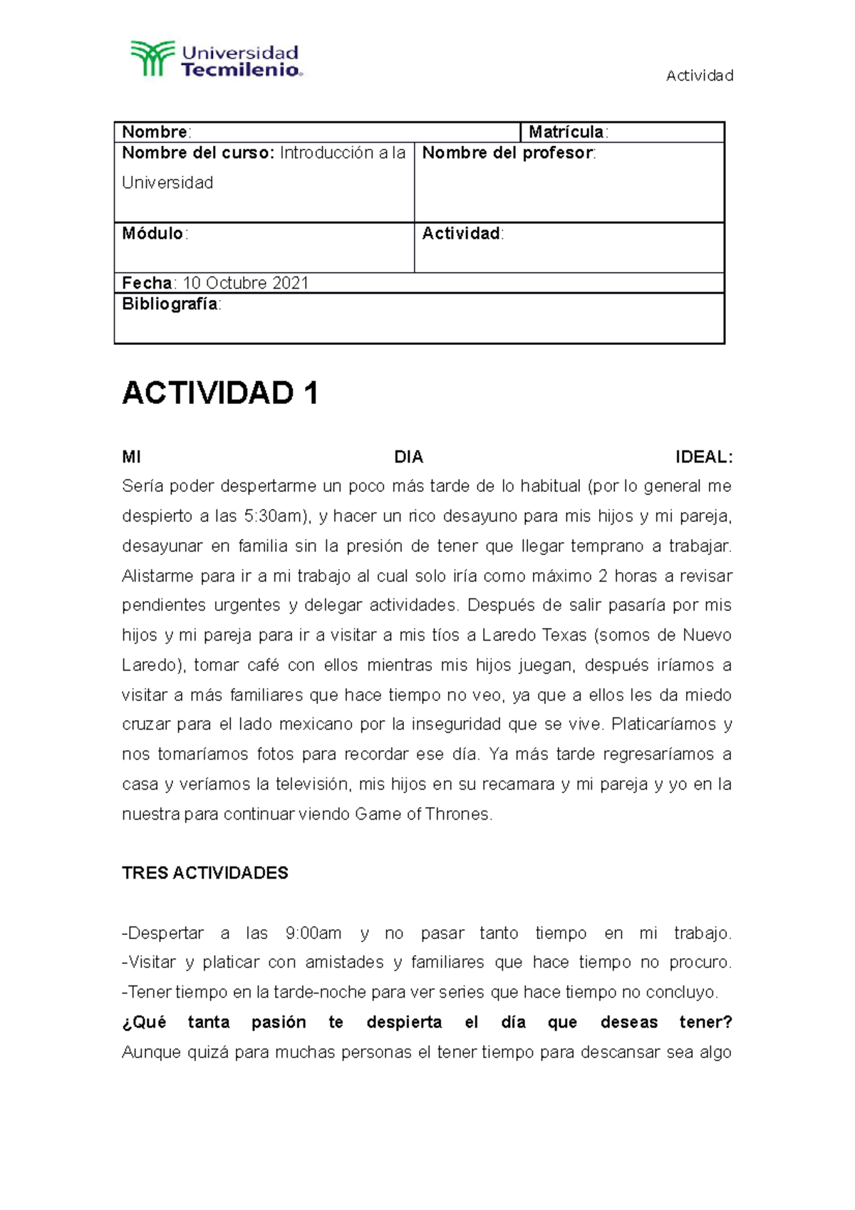 Evidencia 2 Introduccion a la Universidad - TecMilenio - Studocu