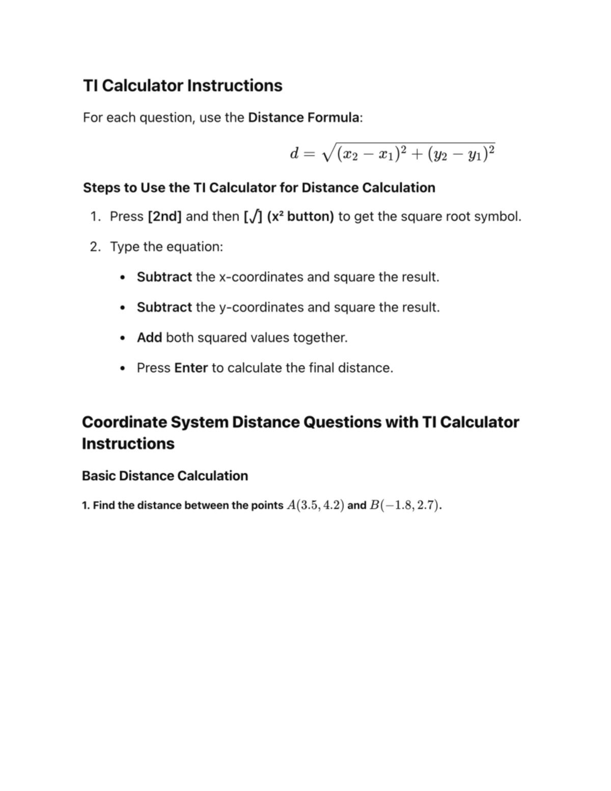 Distance calculation instructions for TI calculator - Studocu