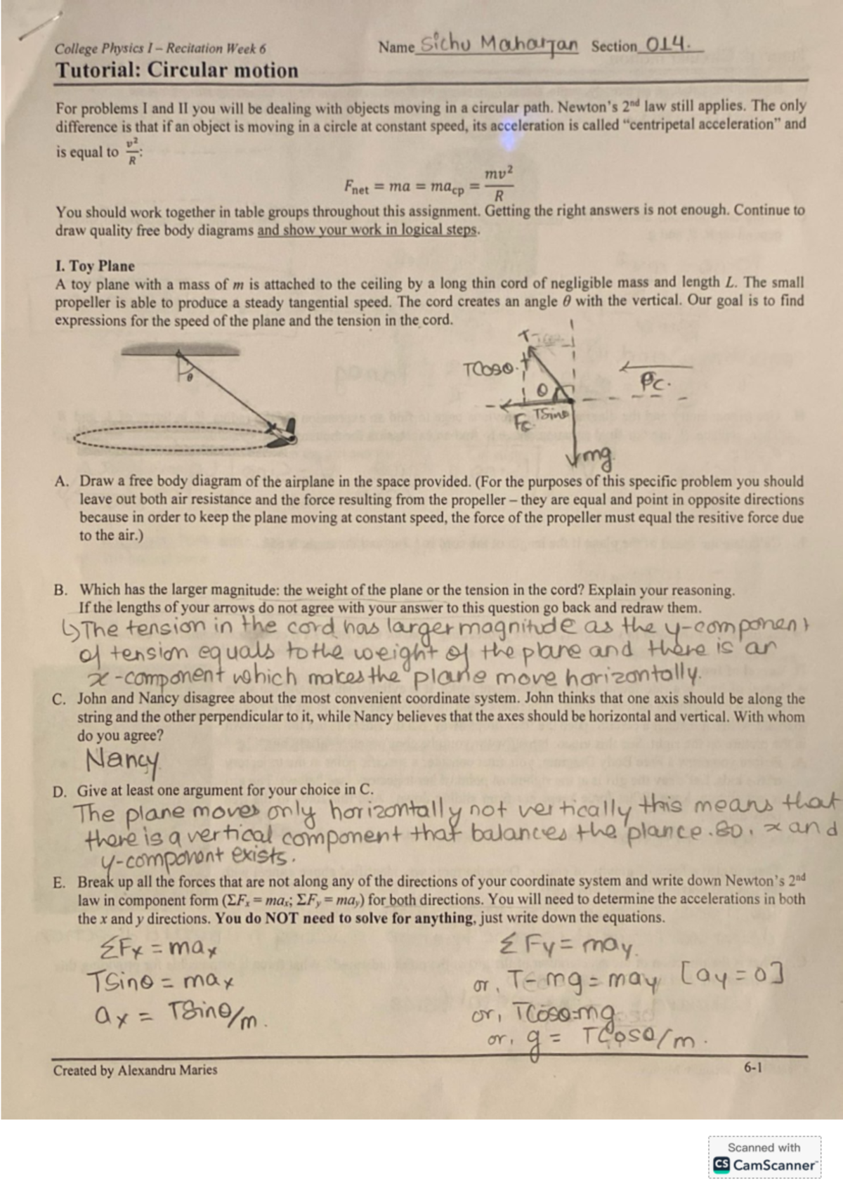 Recitation 6: Circular Motion Concepts in College Physics I (PHYS 101 ...