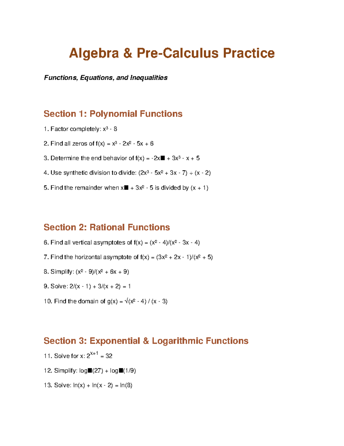 Algebra Practice: Functions, Equations, and Inequalities (Section 1-3 ...