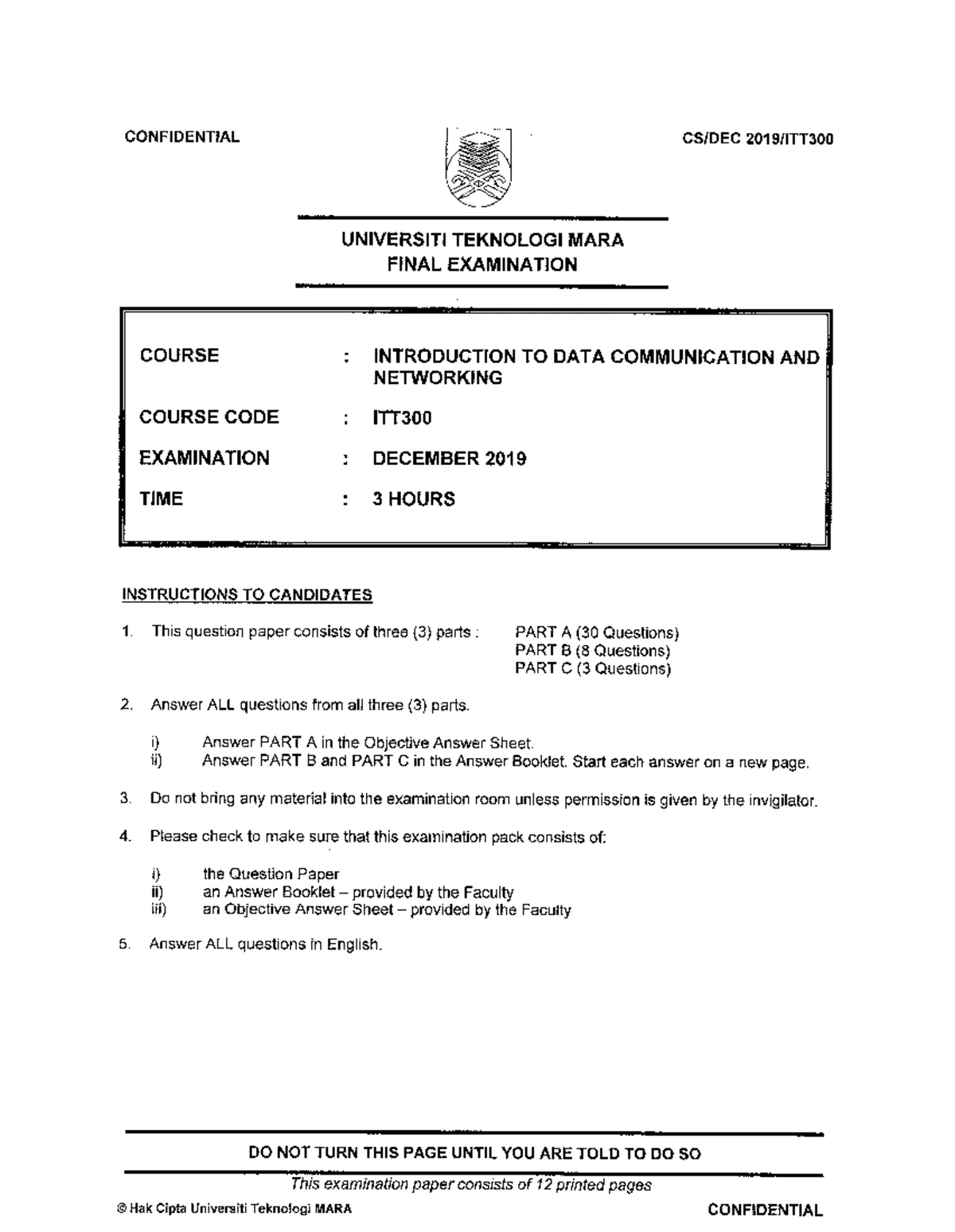 ITT300 Final Exam: Introduction to Data Communication & Networking ...