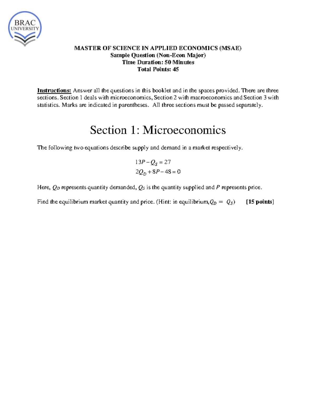 MSAE Sample Q1: Exam for Non-Econ Majors on Micro & Macro Topics - Studocu