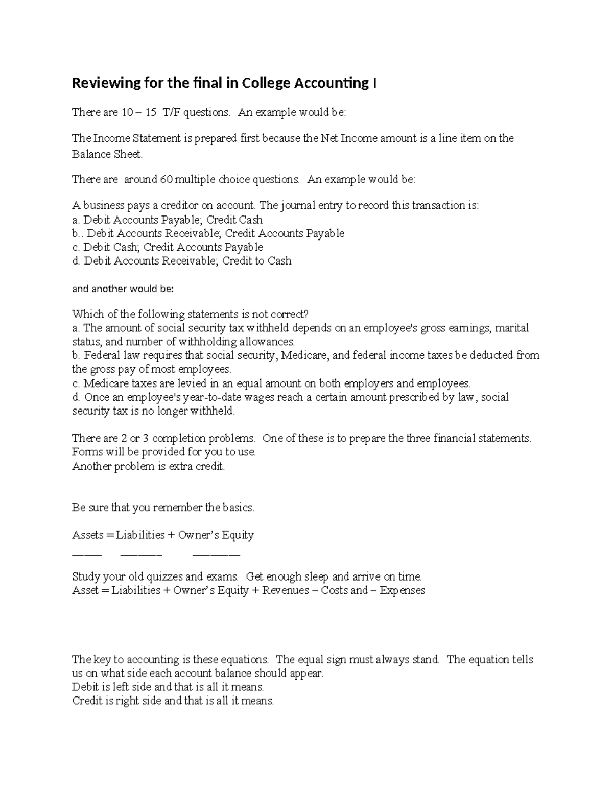 Final Exam Review Guide for College Accounting I (ACC101) - Studocu