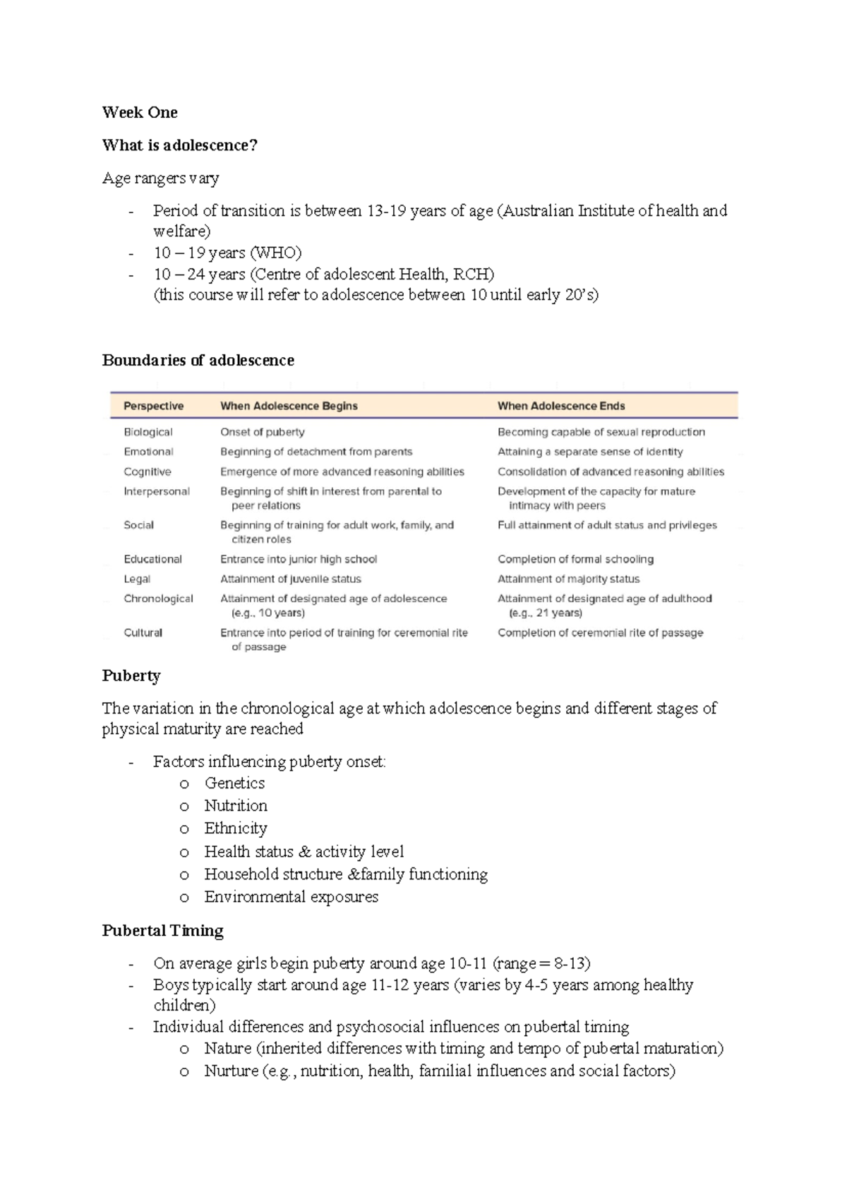 Adolescent Development - Notes - Week One What is adolescence? Age ...