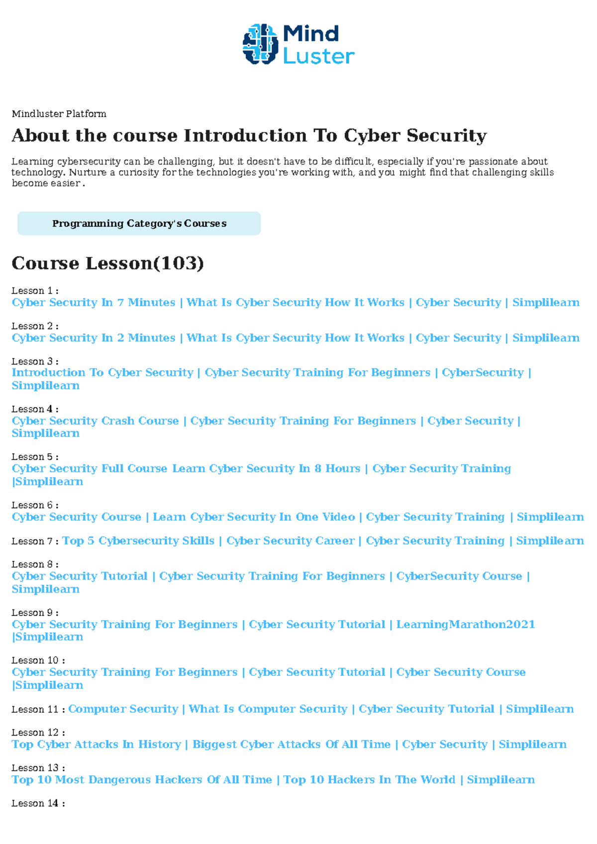 Introduction To Cyber Security Course Content - Mindluster Platform ...