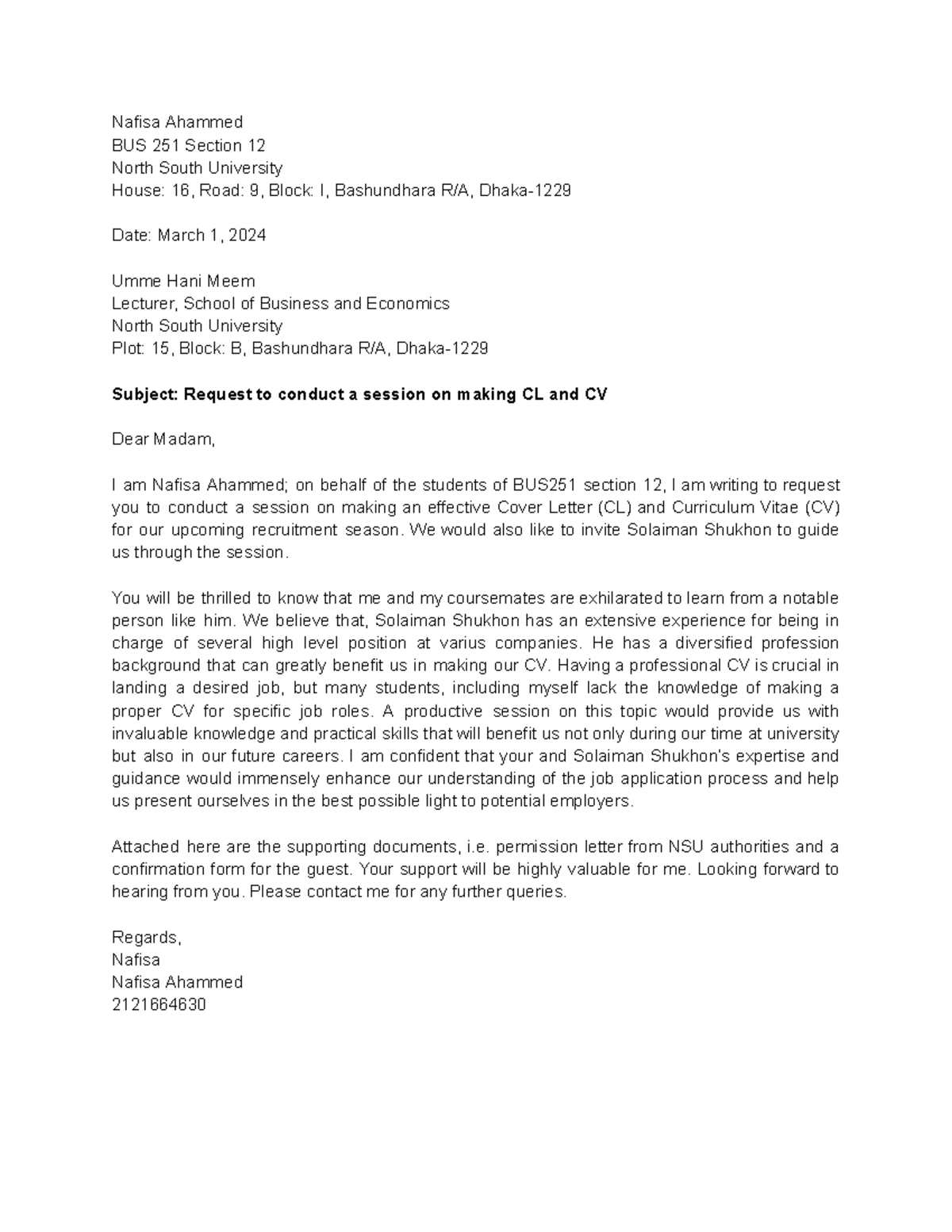 Request for CL & CV Session - BUS 251 Academic Letter - Studocu