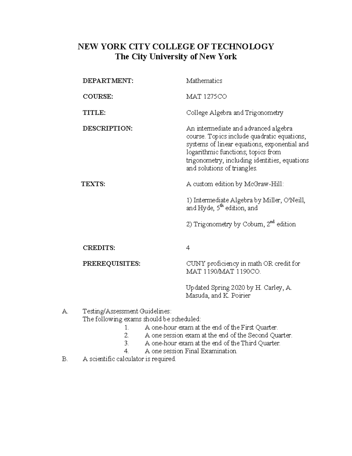 MAT1275-CO Course Syllabus: College Algebra & Trig Guide - Studocu