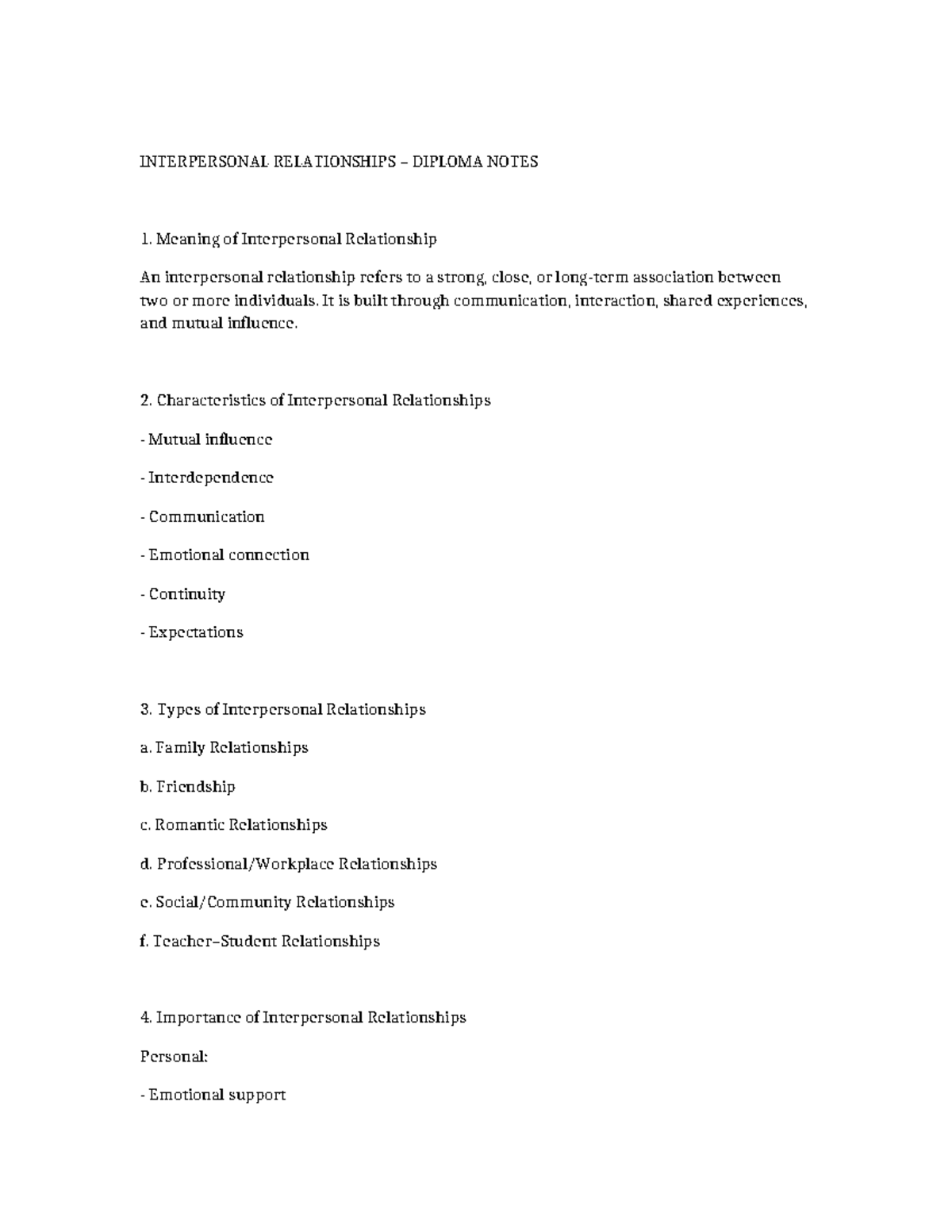 INTERPERSONAL RELATIONSHIPS DIPLOMA NOTES: Key Concepts & Skills - Studocu