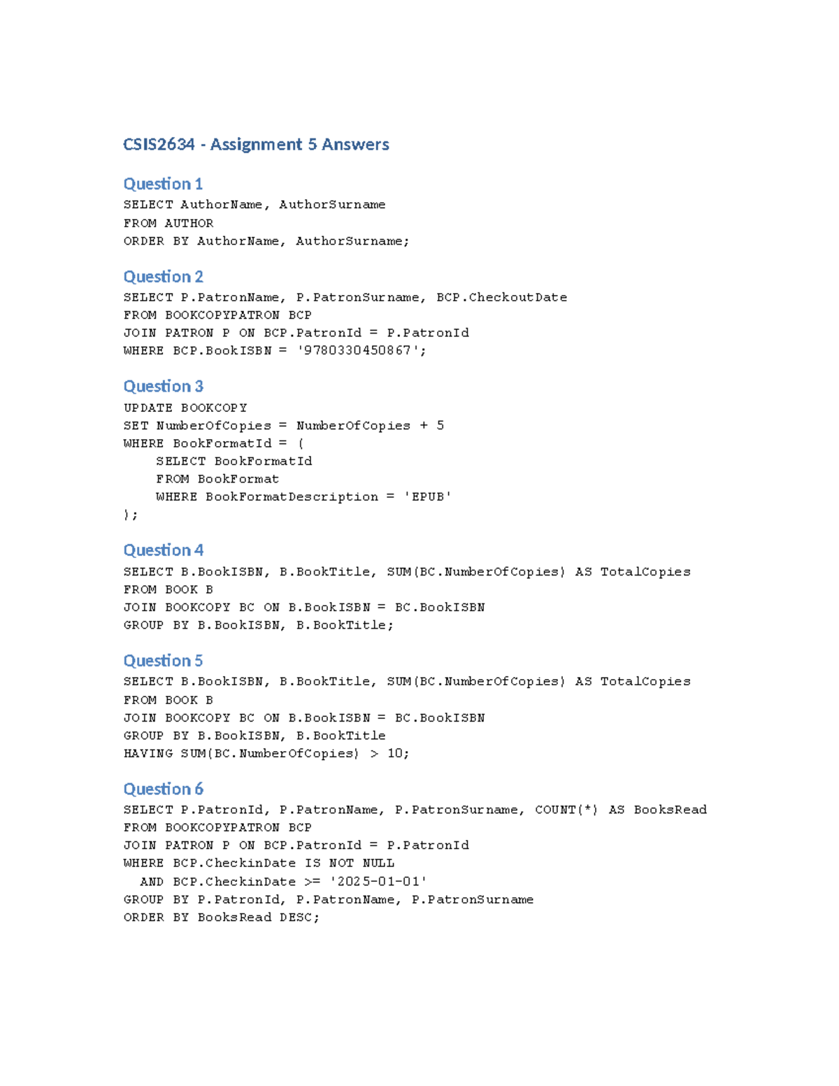 CSIS2634 Assignment 5 SQL Query Solutions and Explanations - Studocu
