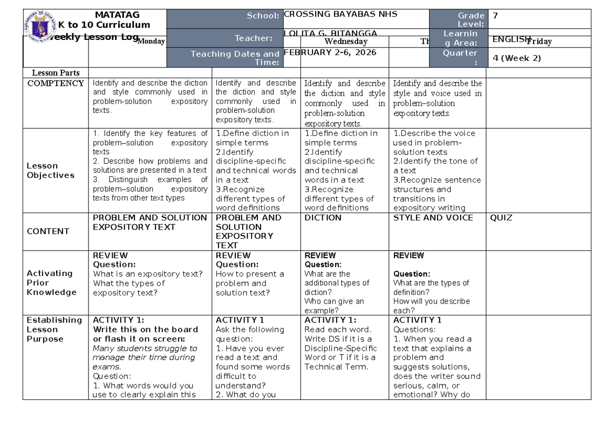 Q4 DLL WEEK 2 - Expository Texts Lesson Plan for English 7 - Studocu