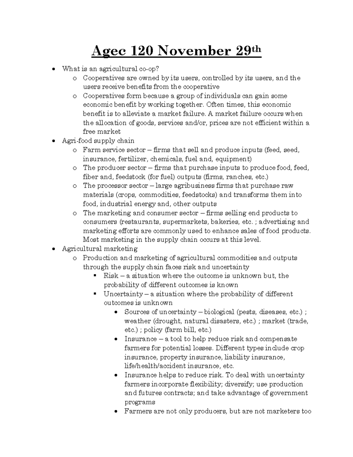 Agec 120 Lecture Notes: Agricultural Co-ops & Supply Chains - Fall 2021 ...