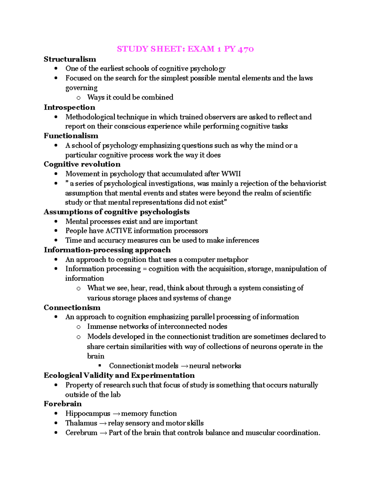 Exam 1 Study Notes for PY 470: Cognitive Psychology Overview - Studocu