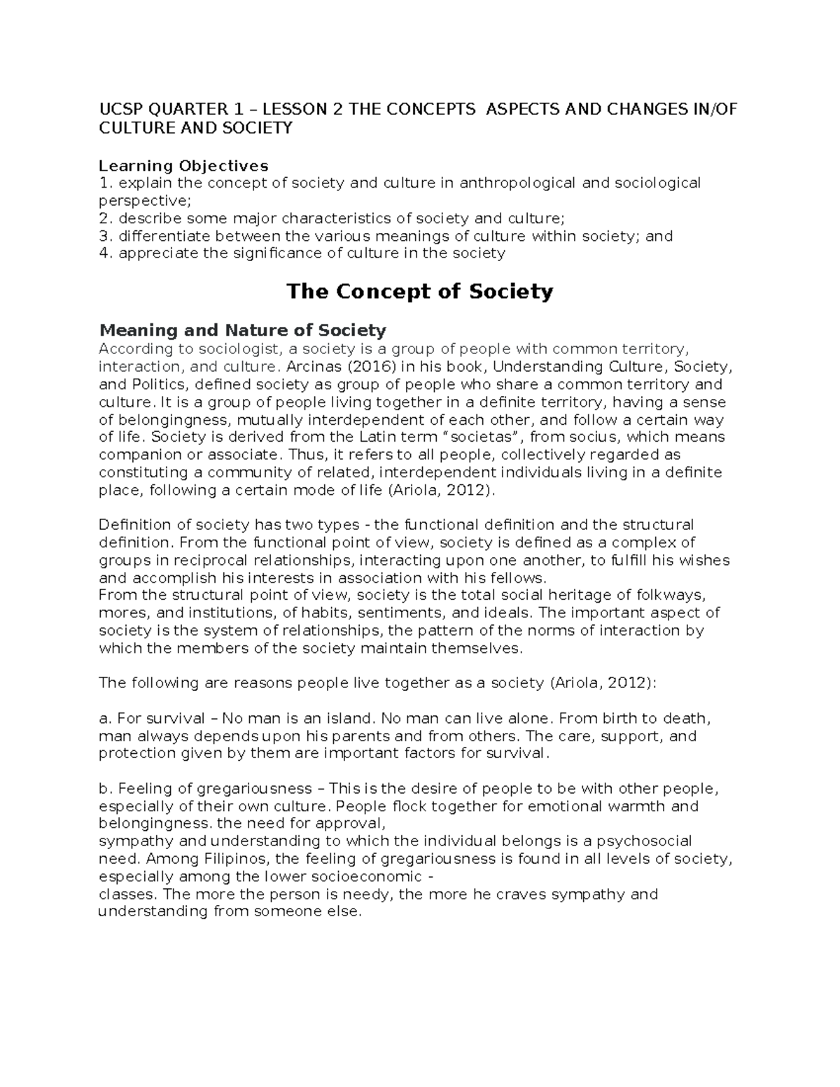 UCSP Q1 Lesson 2: Understanding Cultural Concepts and Changes - Studocu