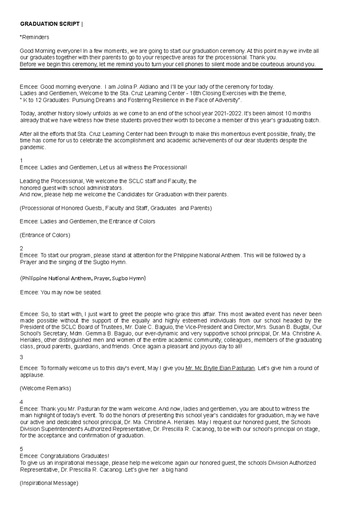 Graduation Emcee Script - Sta. Cruz Learning Center 2022 - Studocu