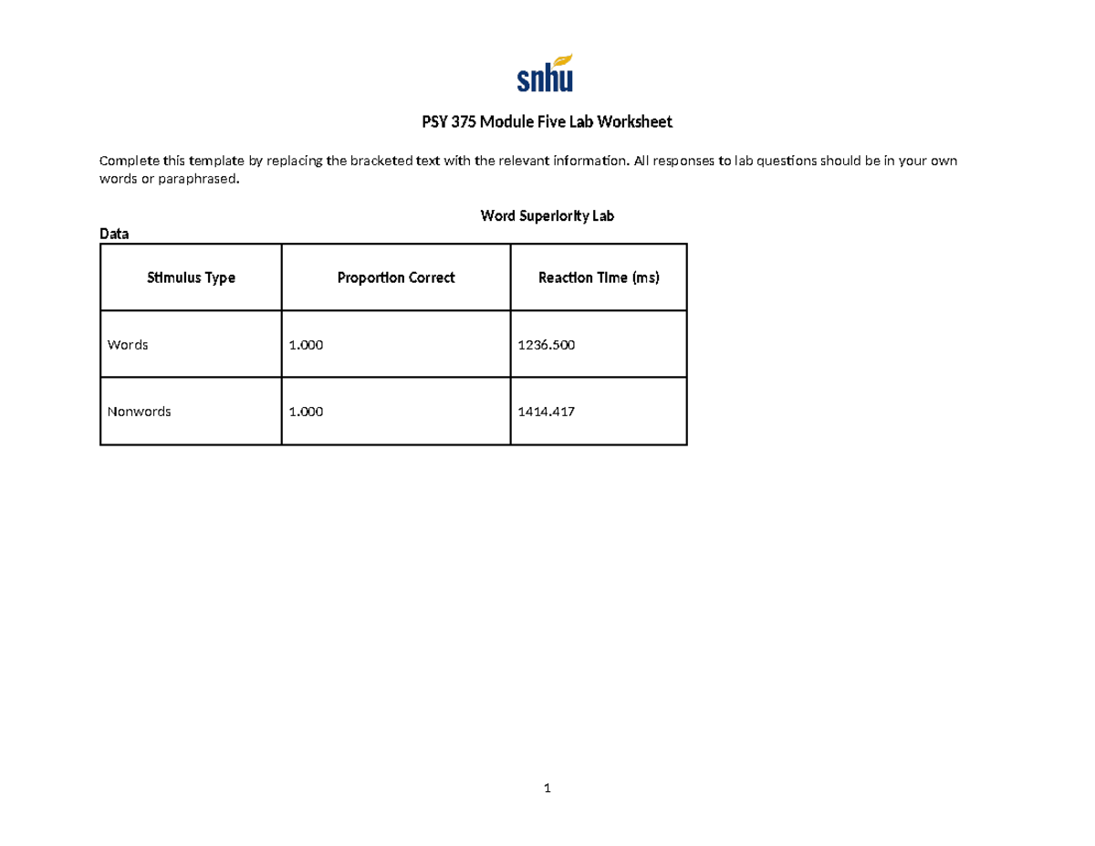PSY 375 Module Five Lab - Lab - PSY 375 Module Five Lab Worksheet ...