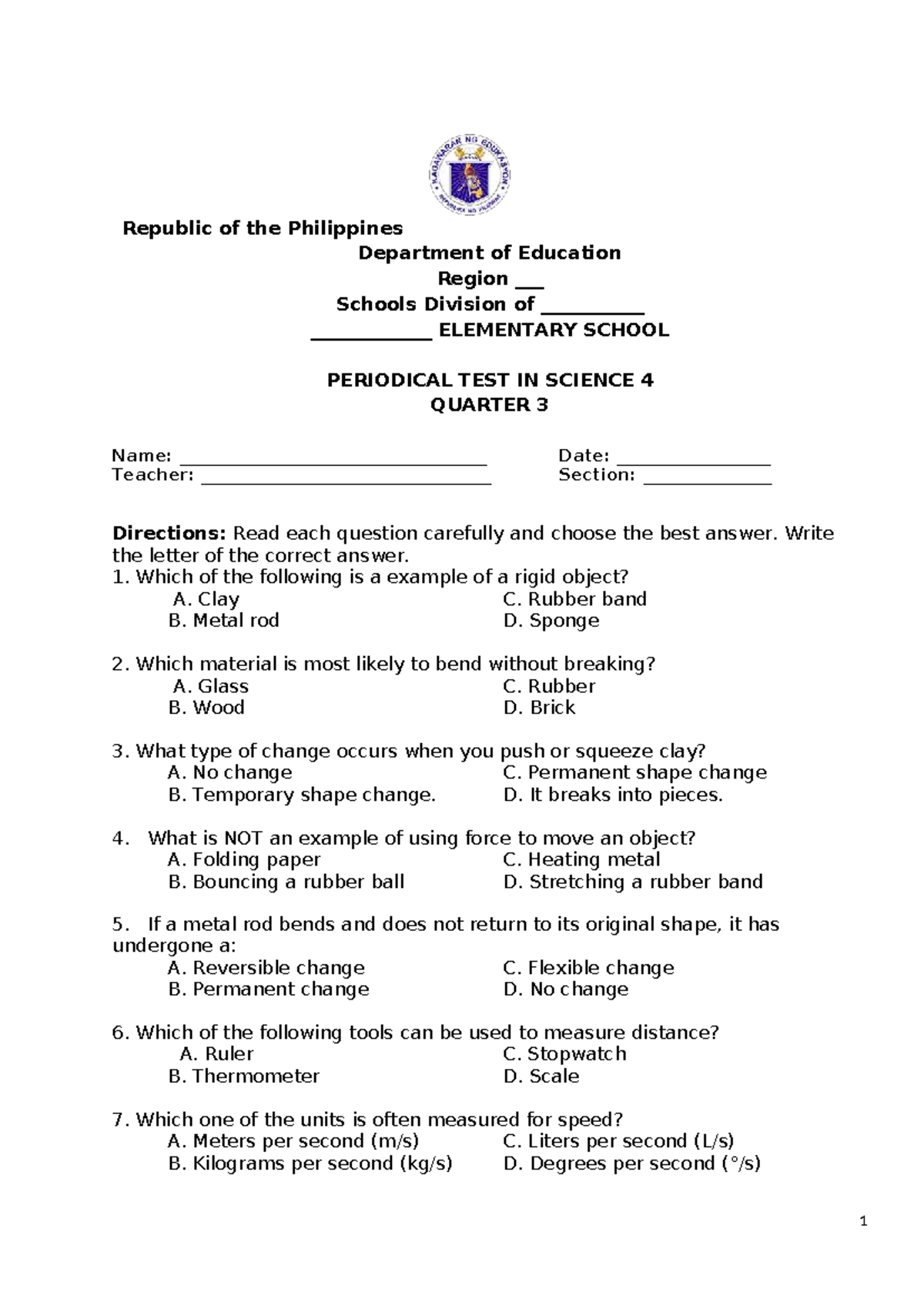 PT G4 Science 4 Periodical Test Q3 - Matatag - Studocu