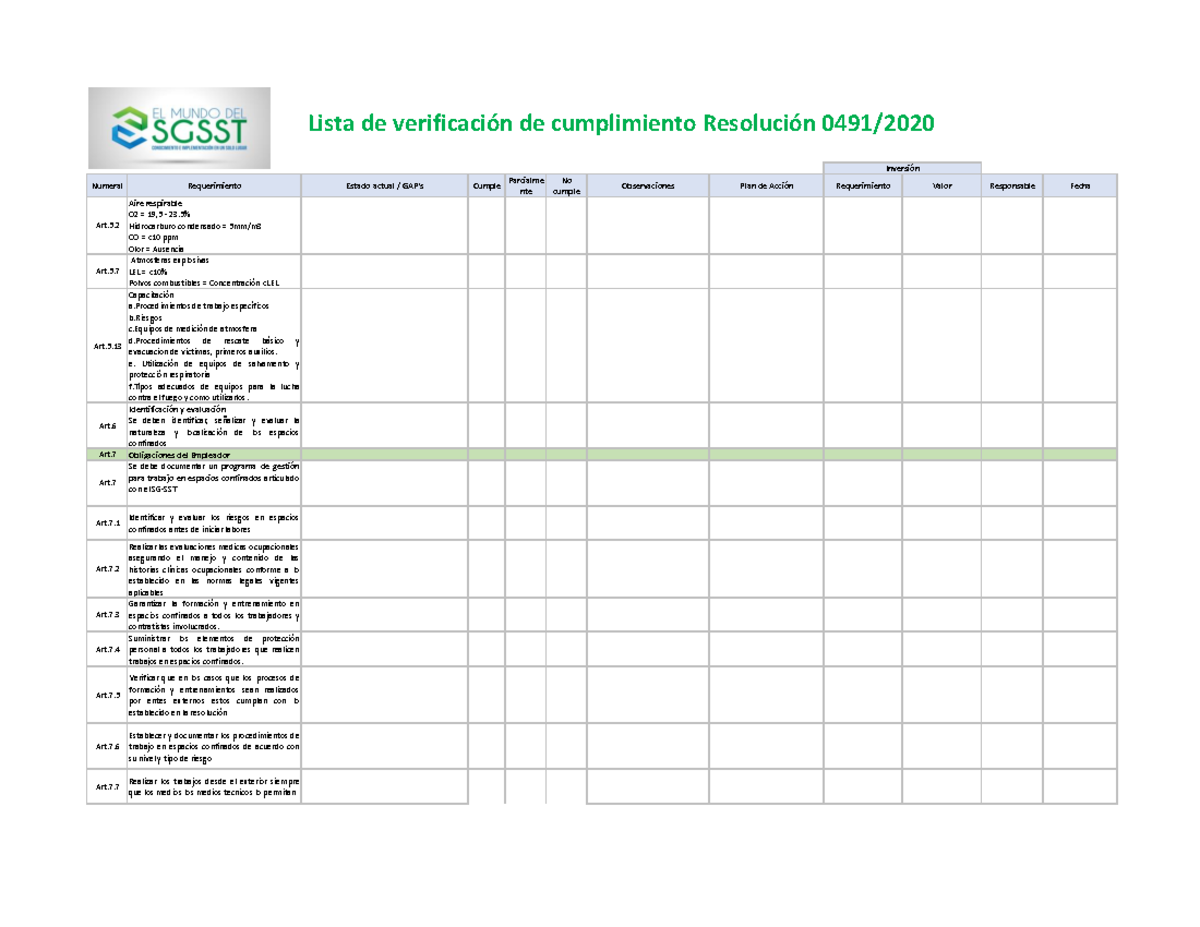 Cumplimiento de la Resolución 0491 de 2020: Lista de Verificación - Studocu