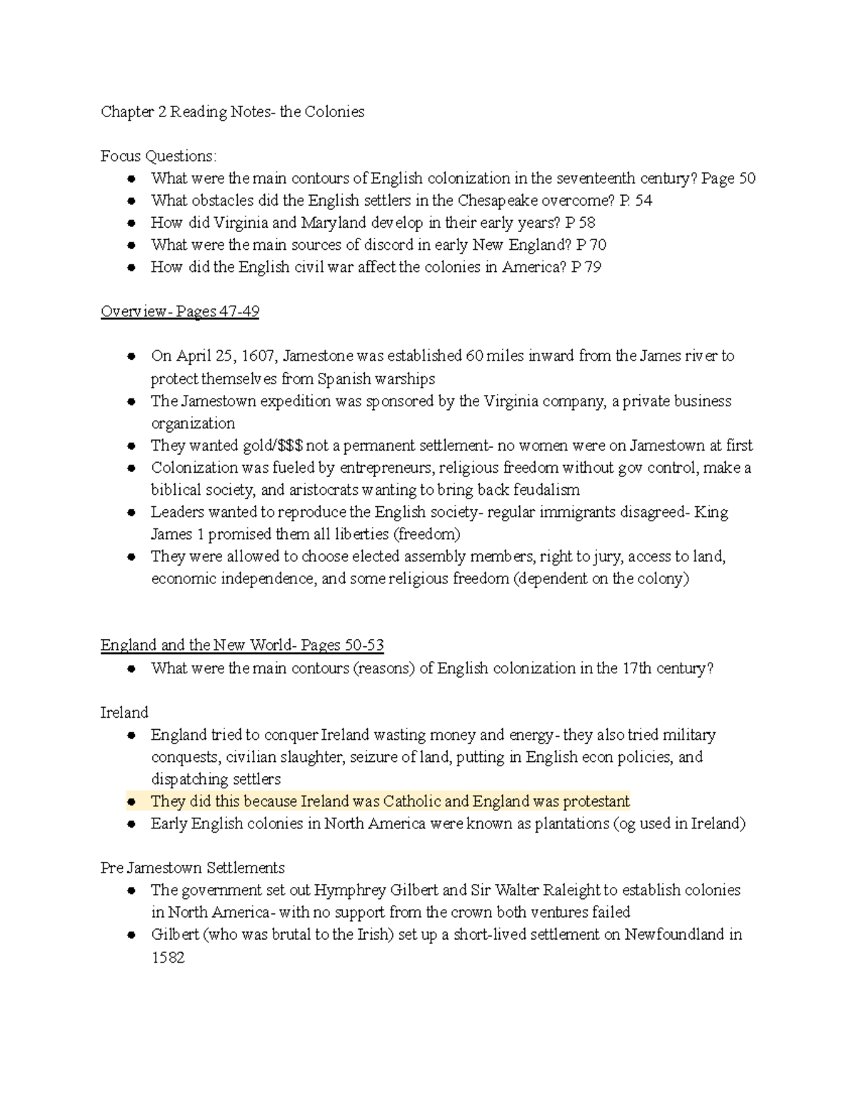 Chapter 2 Reading Notes - Chapter 2 Reading Notes- the Colonies Focus ...