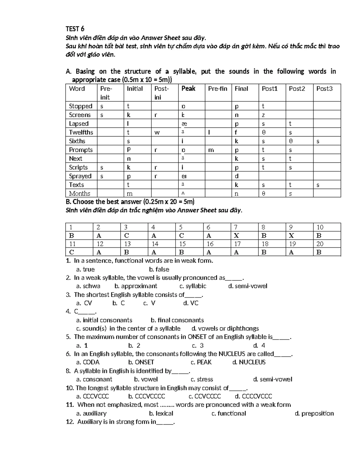 Syntax Test 4 - Answer Key and Student Responses - Studocu