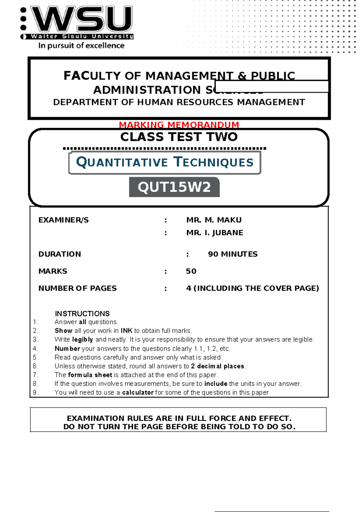 2025 QUT15W2 Class Test 2 Marking Memo on Quantitative Techniques - Studocu