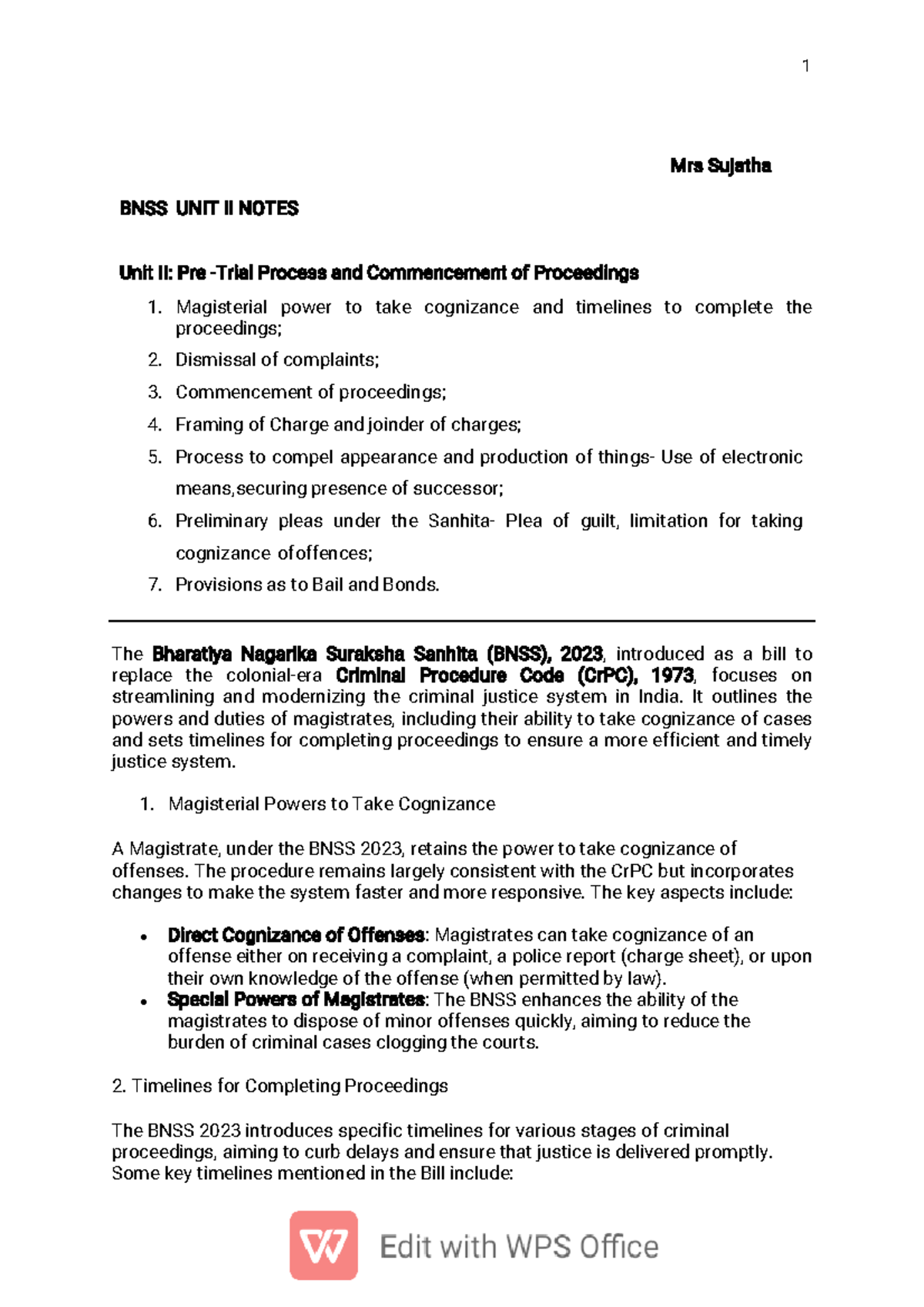 BNSS 2023 Unit II Notes: Pre-Process & Commencement of Proceedings ...