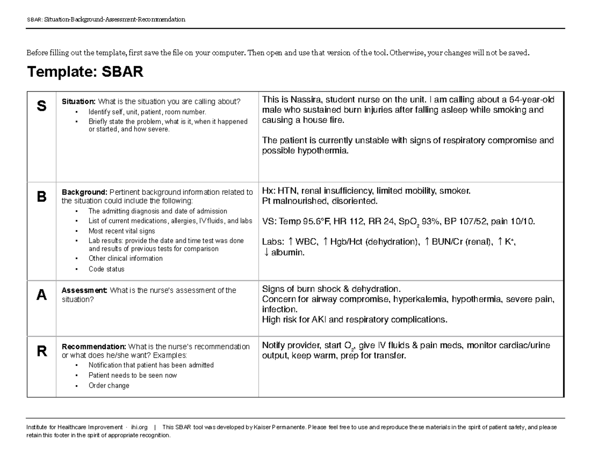 SBAR Template for Patient Communication: IHI Guidelines - Studocu
