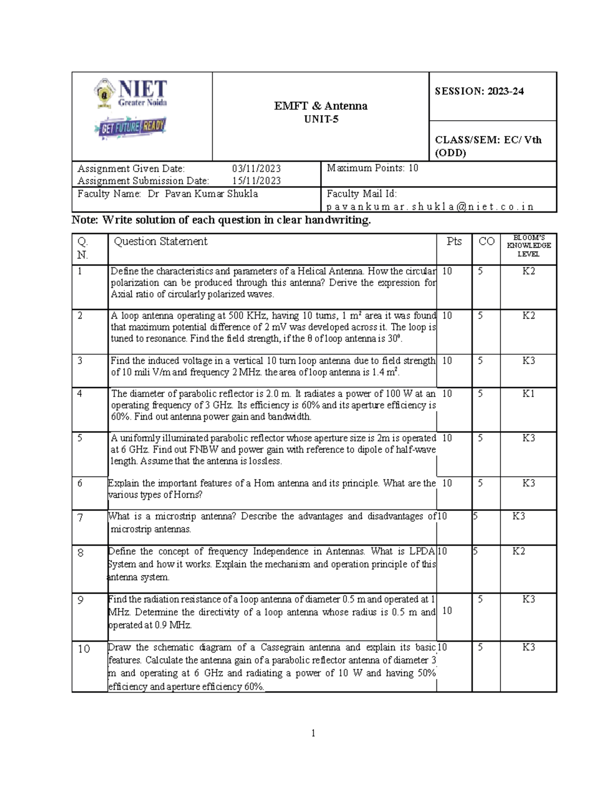 EMFT Assignment 01 - Key Questions on Antenna Topics - Studocu