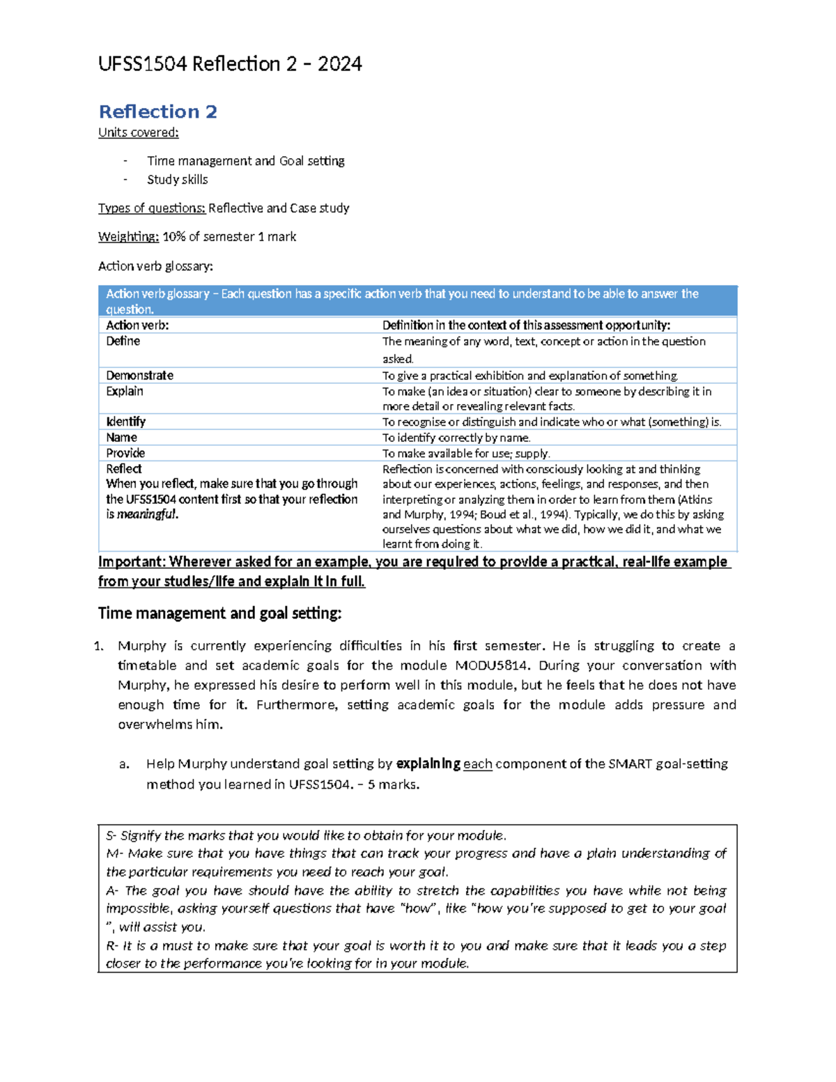 Reflection 2 worksheet Final 2024 - Reflection 2 Units covered: Time ...