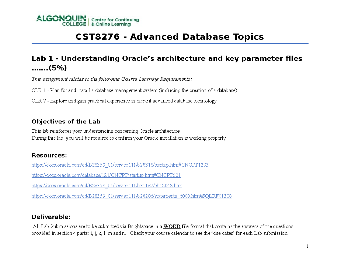 CST8276 - Lab 1: Exploring Oracle Architecture & Parameter Files - Studocu